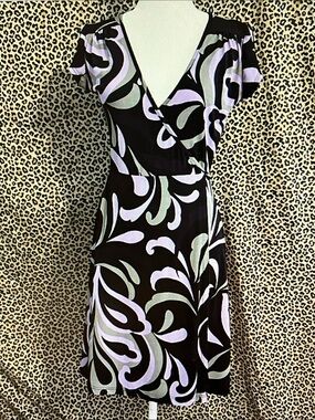 Vintage Black Midi Dress with Lavender & Mint Swirl Print